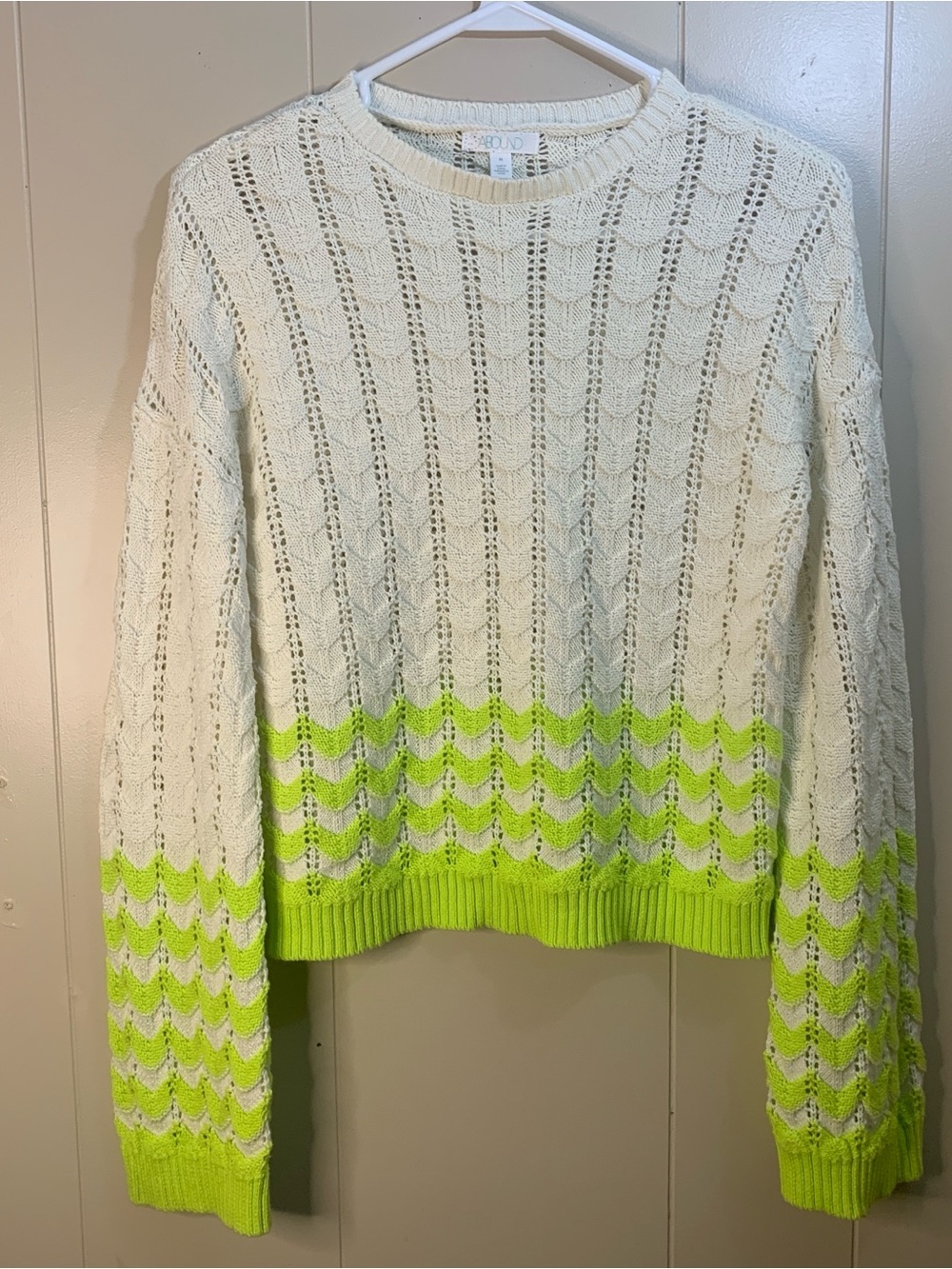 Abound Cream Pointelle Crewneck Sweater with Neon Lime Trim